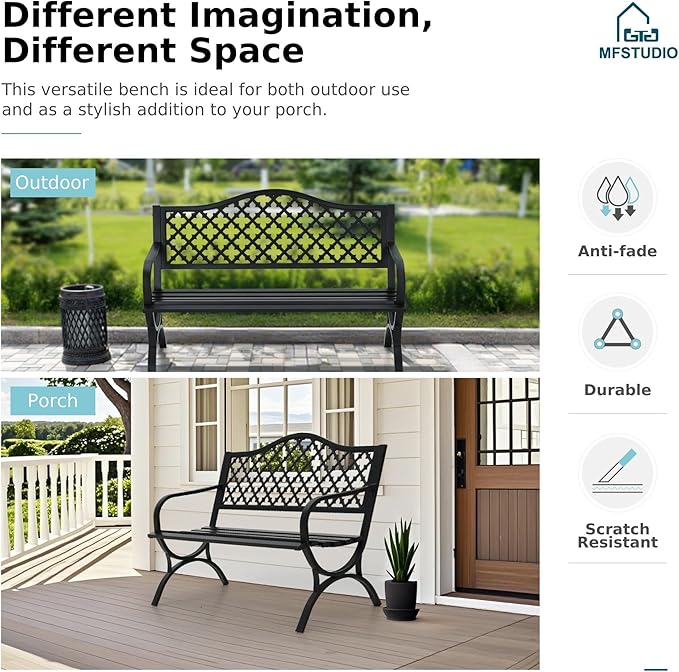 MFSTUDIO 50" Lucky Clover Outdoor Bench, Black Cast Iron Back with Waterproof E-Coating, Durable Patio Garden Bench Park Chair, Black