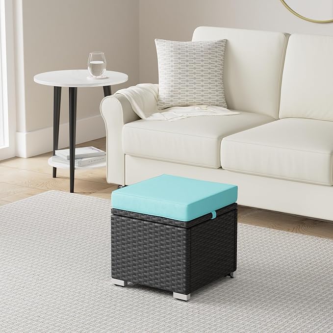 Best Choice Products Set of 2 Wicker Ottomans, Multipurpose Outdoor Furniture for Patio, Backyard, Additional Seating, Footrest, Side Table w/Storage, Removable Cushions - Black/Teal
