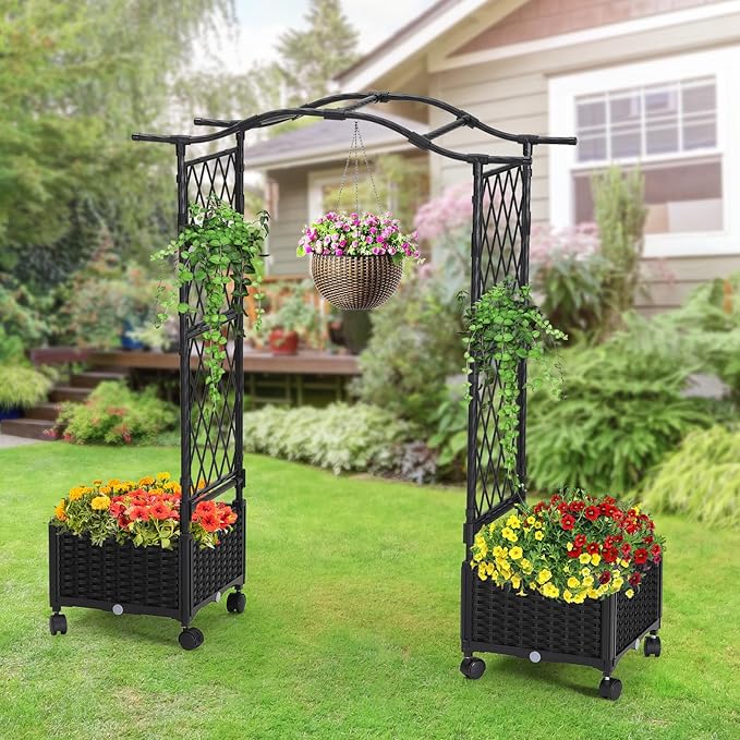 Planter Box with Trellis Outdoor, 57in Plastic Raised Garden Bed with Trellis Hanging Roof for Vine Flower, with Lockable Wheels & Drain Plug for Patio Backyard Balcony, Black, 1 Pc
