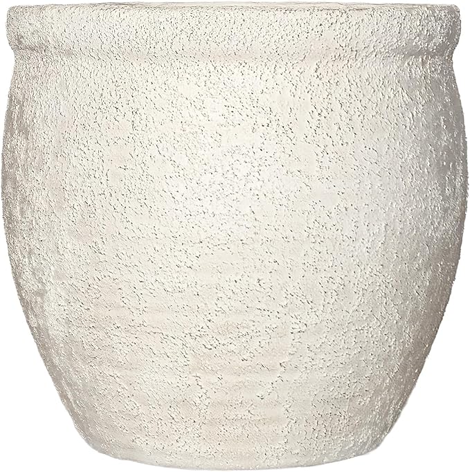 12" Dia Fiberstone Planter – Modern Farmhouse Indoor/Outdoor Flower Pot, Beige Container with Grainy Matte Texture & Built-in Drainage Hole | Decorative Pot for Patio, Porch, Garden