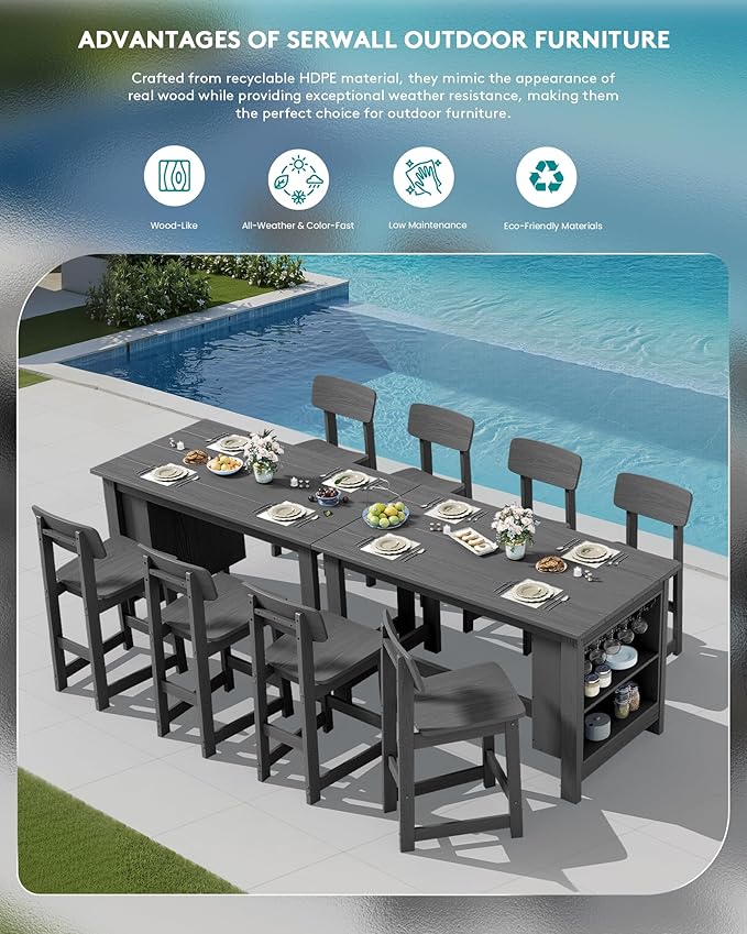 SERWALL 3-Piece Outdoor Counter Height Bar Set, HDPE Patio Bar Table with Wine Rack & Storage Shelf, 2 All-Weather Bar Stools, Patio Bar Dining Furniture Set for 3, Grey
