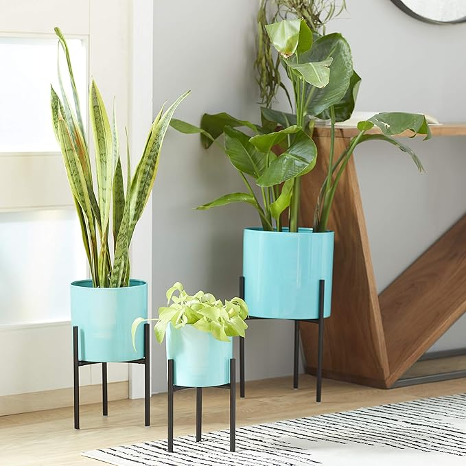 Deco 79 Metal Indoor Outdoor Planter Minimalistic Large Planter Pot with Black Removable Stand, Set of 3 Planters 12", 14", 18"H, Teal
