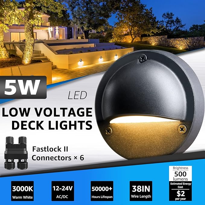 SUNVIE 5W LED Low Voltage Deck Lights, 12-24V Step Lights Outdoor with Fastlock2 Wire Connectors, Low Voltage Landscape Lighting 3000K Warm White Deck Stair Light Waterproof for Fence Post, 6 Pack