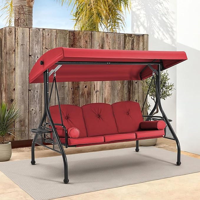 HOMREST 3 Seat Outdoor Porch Swing with Adjustable Canopy, Convertible Patio Swing Bed with Stand, Patio Glider Swing with Upgraded Cup Holder, Thicken Cushions ＆ Pillow for Backyard (Wine Red)