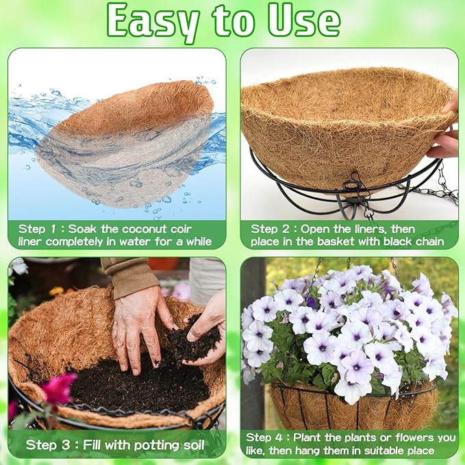 ZeeDix 12 Inch Hanging Baskets for Plants Outdoor - 3 Pack Hanging Planters with Coconut Liners, Metal Round Hanging Planter for Flowers Vegetables