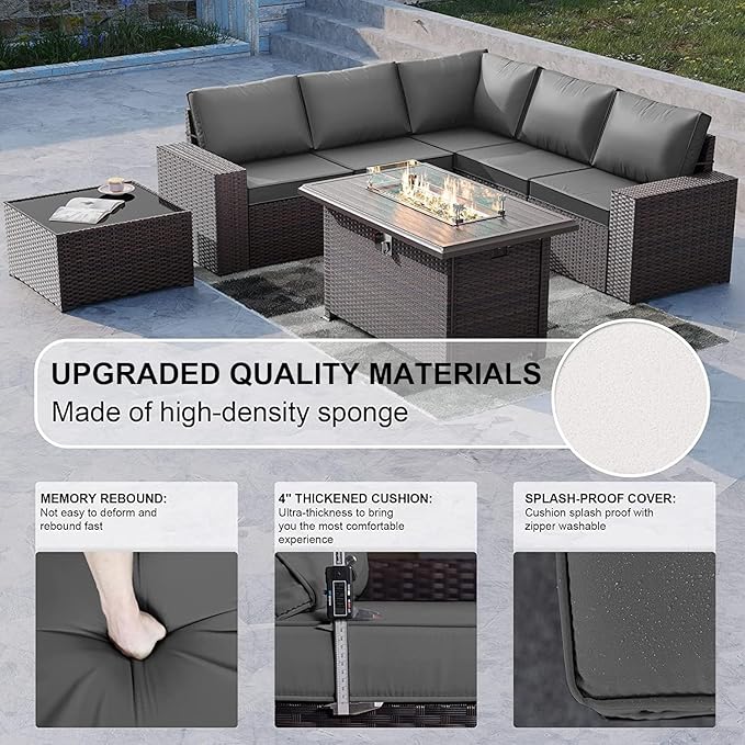 Kullavik 7 Pieces Outdoor Patio Furniture Set with 43" 55000BTU Gas Propane Fire Pit Table PE Wicker Rattan Sectional Sofa Patio Conversation Sets,Grey