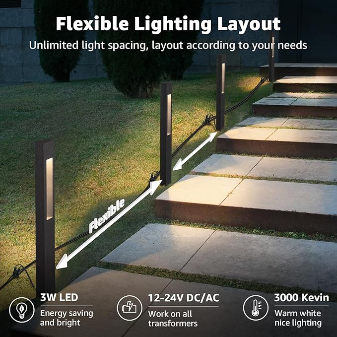 SUNVIE All-In-One LED Low Voltage Landscape Lighting Kit, 8-Pack Pathway Lights with Transformer and 100FT 16/2 AWG Wire, 3000K Waterproof Landscape Path Lights with Connectors for Walkway Garden Yard