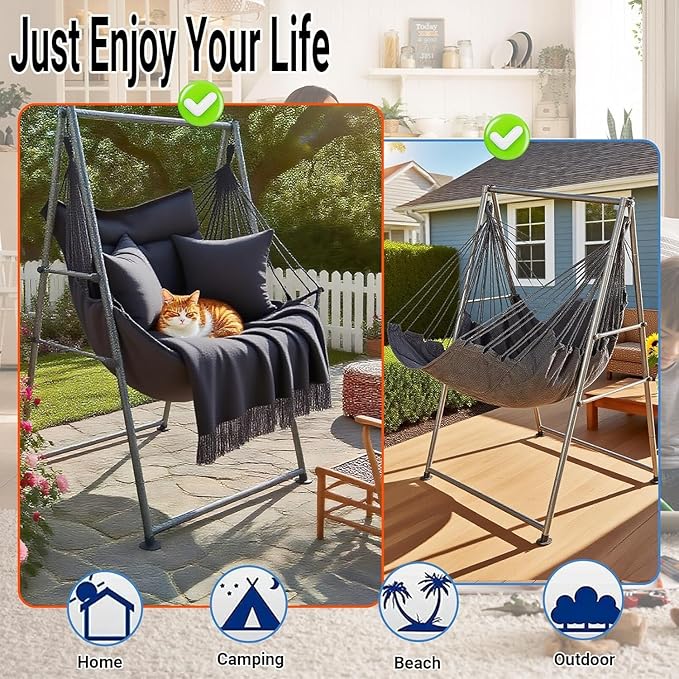 Hammock Chair Stand with X-Large Swing Chair with Footrest，Anti-Tip Thickened Weather-Resistant Iron Pipe Swing Frame, 450Lbs Stand Capacity Quick Assembly for Indoor Outdoor (Green Stripe)
