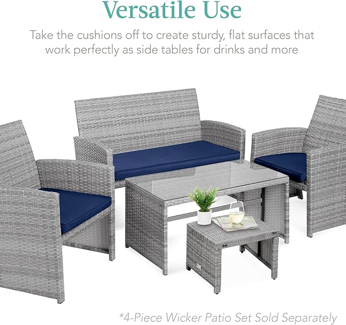 Best Choice Products Set of 2 Wicker Ottomans, Multipurpose Outdoor Furniture for Patio, Backyard, Additional Seating, Footrest, Side Table w/Removable Cushions, Steel Frame - Gray/Navy