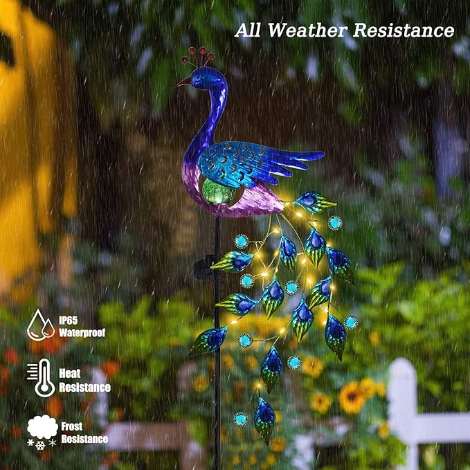 DREAMSOUL Peacock Solar Garden Lights Outdoor Decorative Stake, Waterproof Metal Peacock Garden Decor Solar Powered Landscape LED Path Lights Walkway Patio Decoration Lawn Ornament
