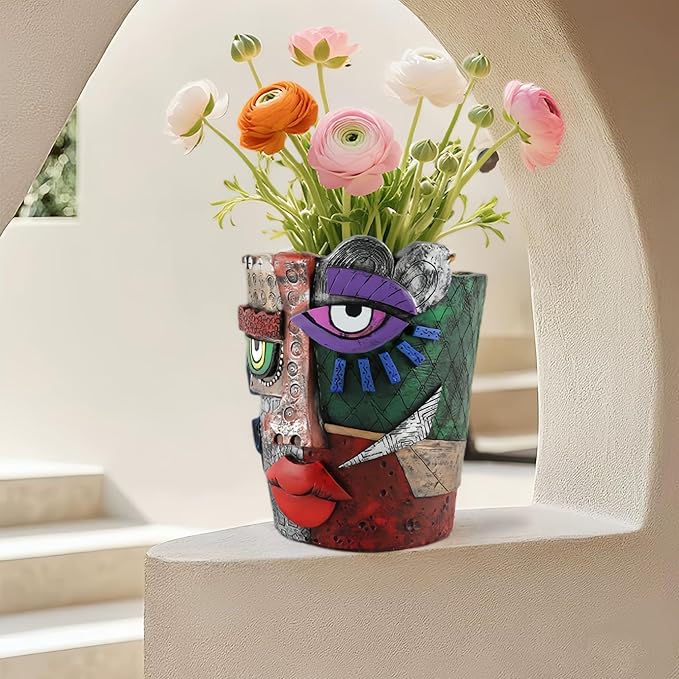 Picasso Abstract Face Flower Pot,Unique Resin Crafted Planter with Drainage Holes,Interesting Colorful Planter with Human face,for Indoor and Outdoor Botanical Home décor (Serious)