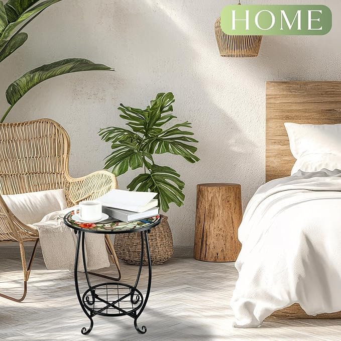 Outdoor Side Table Round Small Mosaic Patio Accent Indoor End Plant Coffee Tea Table for Yard Patio Porch Garden Living Room, Bedroom(Hummingbird A Style,14 Inch)