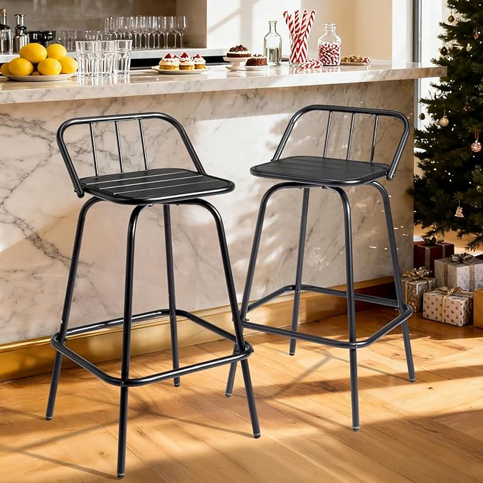VINGLI 2 PCS Outdoor Swivel Bar Stools, 30 Inch Metal Barstools with Backrest & Footrest, 360° Rotating All-Weather Stools for Garden, Balcony, Kitchen Island (Black)