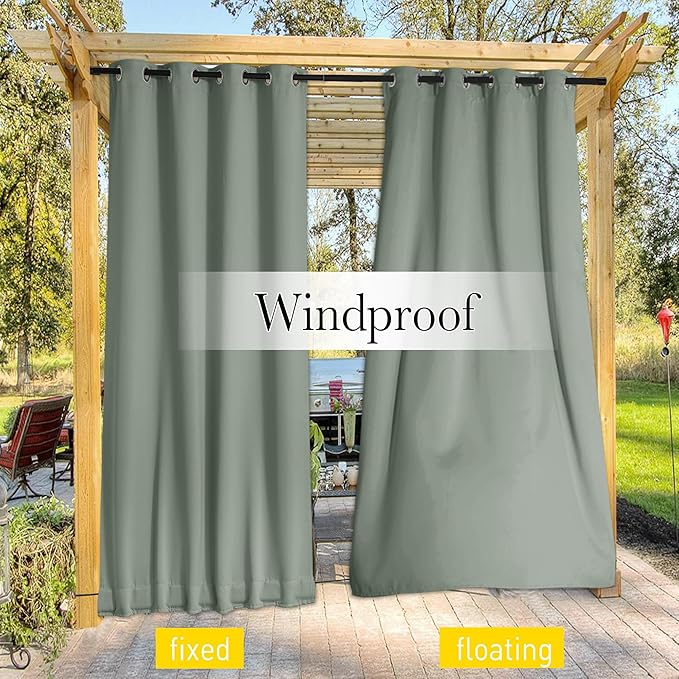 NICETOWN 2 Panels Outdoor Curtains for Patio Waterproof & Windproof, Extra Wide Grommet & Back Tab on Top & Bottom Thermal Insulated Sun Blocking Drapes with Rope for Gazebo, Sage Green, W100 x L84