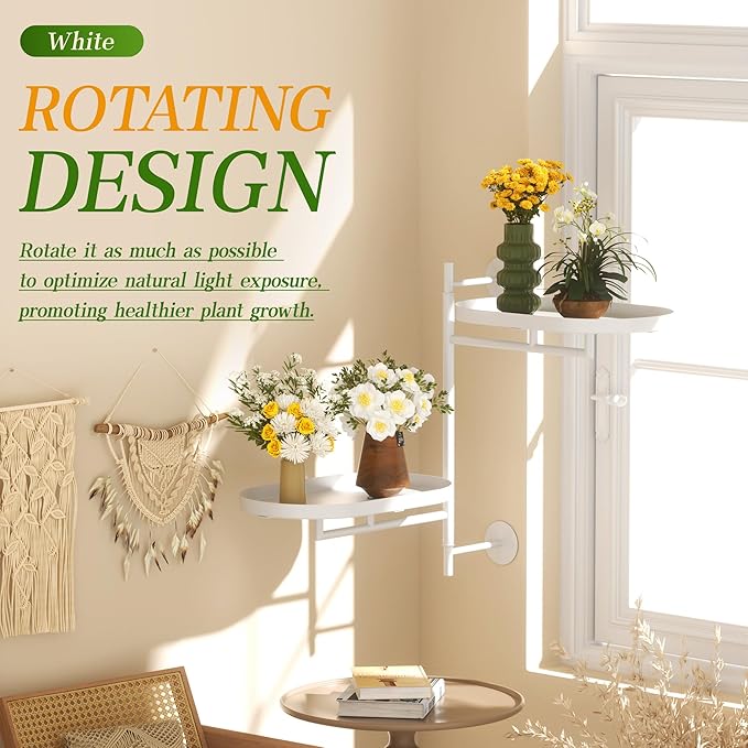 Window Rotating Plant Stand Shelf Indoor White Metal Floating Shelves 2-Tier Wall Mount Plant hanger Holders for Wall Planter Modern Home Decor window sill gifts