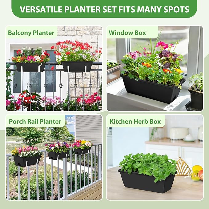 OYEAL 4 Pack Railing Planter Box Outdoor Hanging Balcony Planters 17 Inch Window Boxes Planter with Adjustable Brackets Plastic Flower Pots for Garden Deck Porch Railing Balcony Fence, Black & White