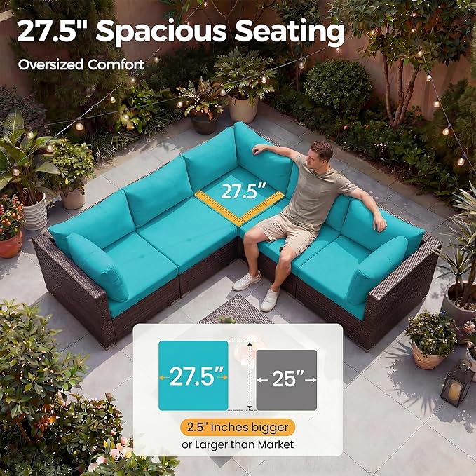NICESOUL 7 Piece Outdoor Furniture Set with Firepit Natural Gas & Propane, Plus Size Big Modern Patio Conversation Couch, 29.3 High Back Comfy Sectional Sitting Group, Brown Rattan and Teal Cushoin