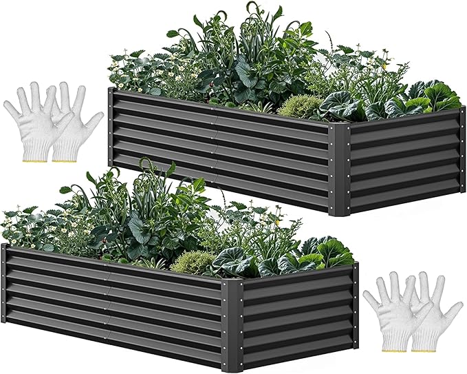 YITAHOME 6x3x1.5 2pcs Large Raised Garden Bed Kit, Galvanized Metal Planter Box with Gloves, Ground Nails, Support Rod, Outdoor Above Ground Planters for Plants Vegetables Flowers, Black