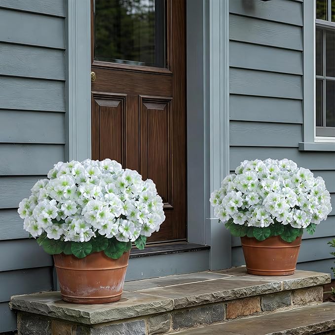 2 Pack Artificial Geranium Flowers Topitary Trees for Outdoors, UV Resistant Geraniums Potted Bushes Look Real Silk Faux Plants for Front Door Garden Porch Planter Farmhouse Home Decor (White)