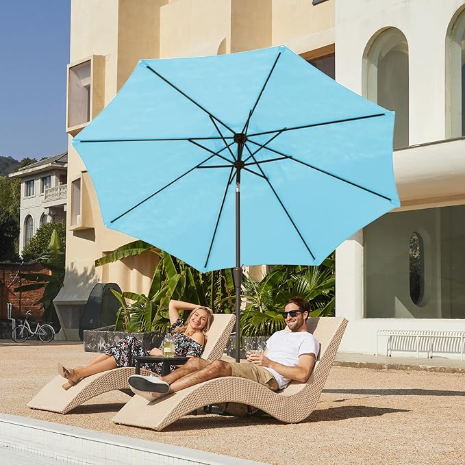 JEAREY 9FT Patio Umbrellas Outdoor Table Umbrella with Push Button Tilt and Crank, Market Umbrella 8 Sturdy Ribs UV Protection Waterproof for Garden, Deck, Backyard, Pool (Sky Blue)