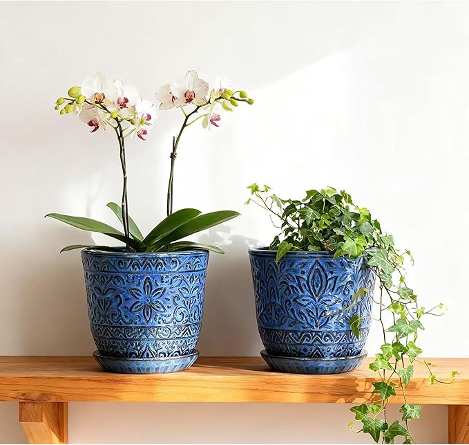 Gepege 6 Inch Ceramic Planter, Blue Plant Pot with Drainage Holes and Saucers for Indoor Plants, Birthday for Women Mom
