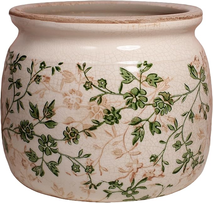 Vintage Country Ceramic Vase and Planters, 6.29 Inch Small Plant Pots for Indoor English Garden Decor, Old World Room & Home Decor, Sage Beige