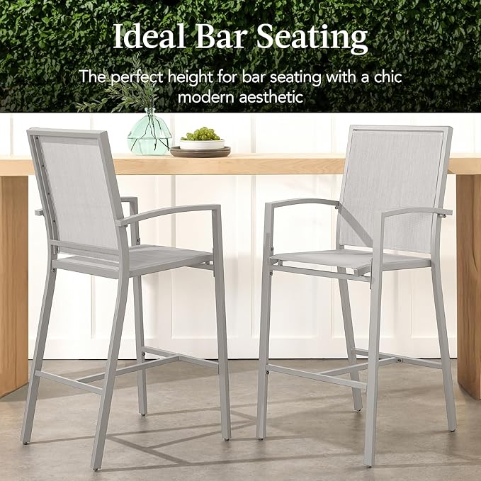 Best Choice Products Outdoor Bar Stools Set of 2, Bar Height, Patio Furniture, All Weather Mesh Design w/Armrest - Gray/Gray