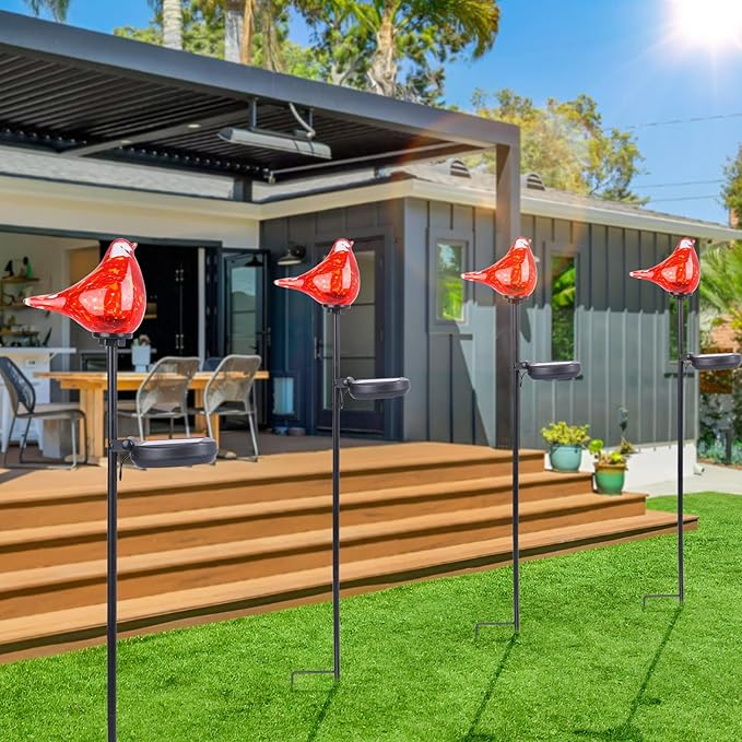 Bshine Solar Garden Decoration Outdoor Cardinal Lights, Hand Blown Glass Waterproof Solar Light Stake Red Cardinal Decorate Paths, Pathways, Lawns and Yards Art for Mom Gift, 2 Pack