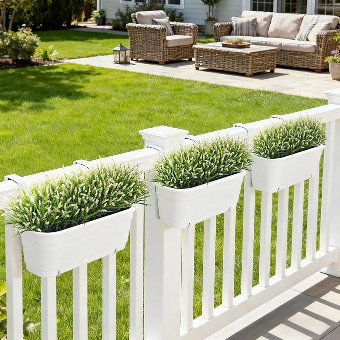 24 Pcs Artificial Faux Plants for Outdoor Spring Decoration, Fake Monkey Grass for Garden Porch Balcony Planters, Fake Greenery Shrubs UV Resistant No Fade Plants Bush for Pathway(White)