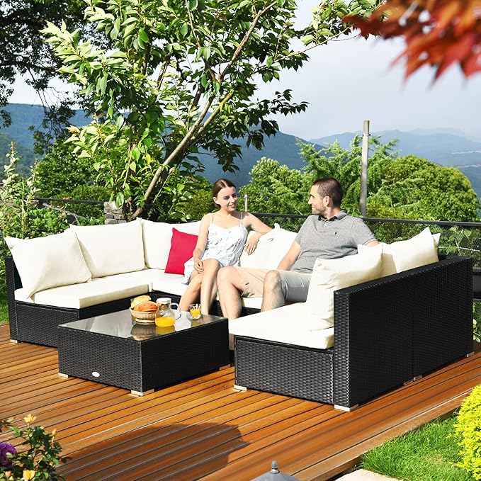 Tangkula 7-Piece Patio Furniture Set, Outdoor Sectional Sofa w/Pillows & Cushions, Wicker Conversation Set with Coffee Table & Tea Table for Garden & Lawn (Beige)