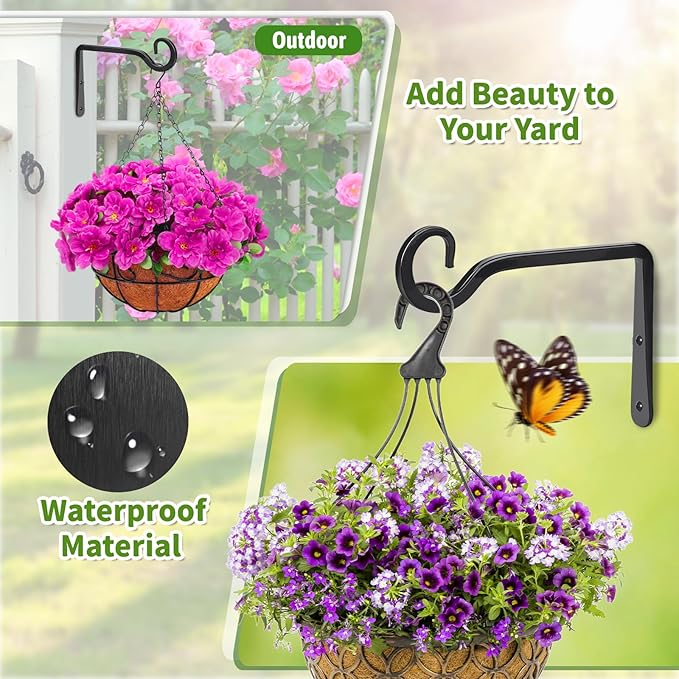 Plant Hangers Outdoor 2 Pack 10 Inch Metal Hanging Plant Bracket Metal Hanging Plant Hooks Indoor, Wall Hooks for Hanging Plants, Bird Feeder, Flower Basket, Wind Chimes Black (2PCS)