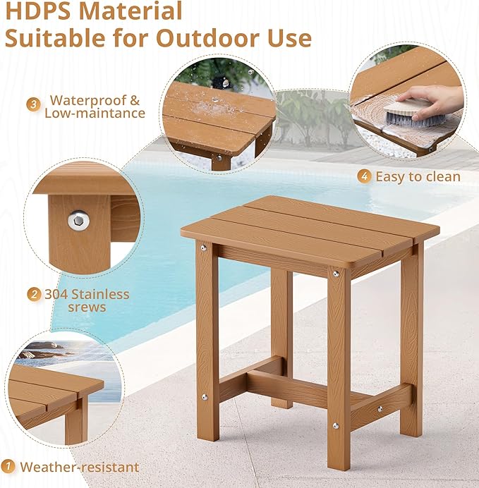 LUE BONA Outdoor Side Table Set of 2, HDPS Small Outdoor Adirondack Side Tables, Outside End Table for Patio, Porch, Deck, Pool, Weather Resistant/Easy Maintenance, Teak Color