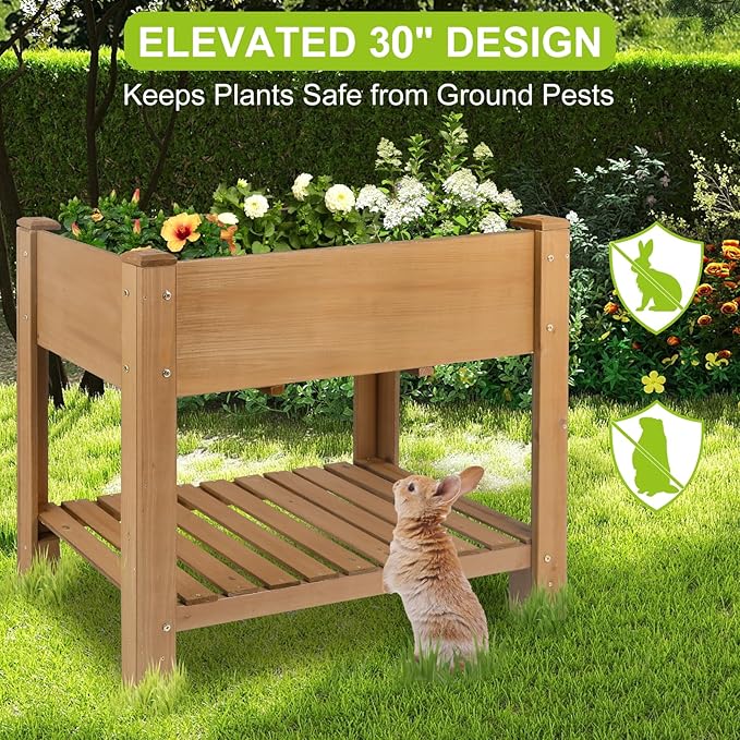 Raised Garden Bed with Legs - Elevated Wooden Planter Box, Durable Fir Wood, Reinforced Frame with Drainage Holes, Liner, and Storage Shelf for Vegetables, Herbs, Flowers, 33.5" x 18" x 30"