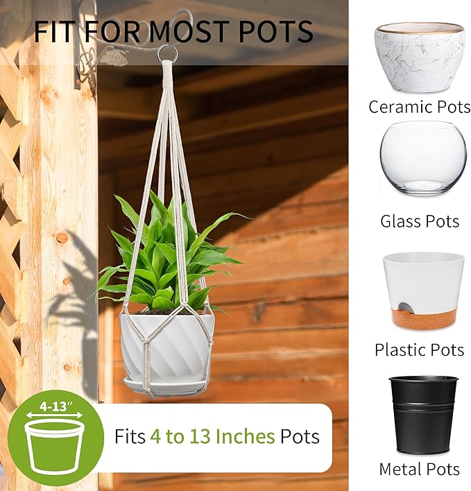 Macrame Plant Hanger, Fits 4-13 Inch Pots, Boho Hanging Plant Holder for Indoor Outdoor, 35 Inch, Set of 2, White (No Flowerpot)