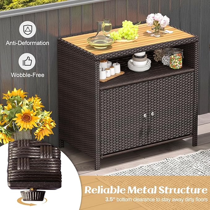 Tangkula Rattan Outdoor Storage Cabinet, Patiojoy Outdoor Cabinet with Acacia Wood Countertop, Open Compartment, 2-Door Wicker Sideboard, Outdoor Bar for Patio Garden Backyard Poolside (Mix Brown)