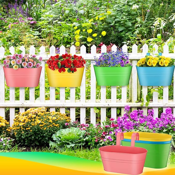 MADHOLLY Railing Planter with Drainage Holes - Sturdy Bucket Pots for Railing Fence, Countryside Style Metal Flower Pots for Herbs Balcony Garden Yard Decor, 4Pcs, Colorful