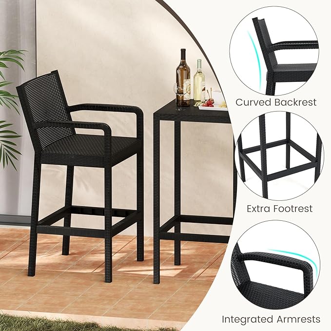 COSTWAY 3 Pieces Patio Bar Set, Modern Outdoor Bistro Set with 2 Chairs and 1 Square Bar Table, Curved Backrest and Armrests, Metal Frame, for Garden, Balcony, Poolside, Black