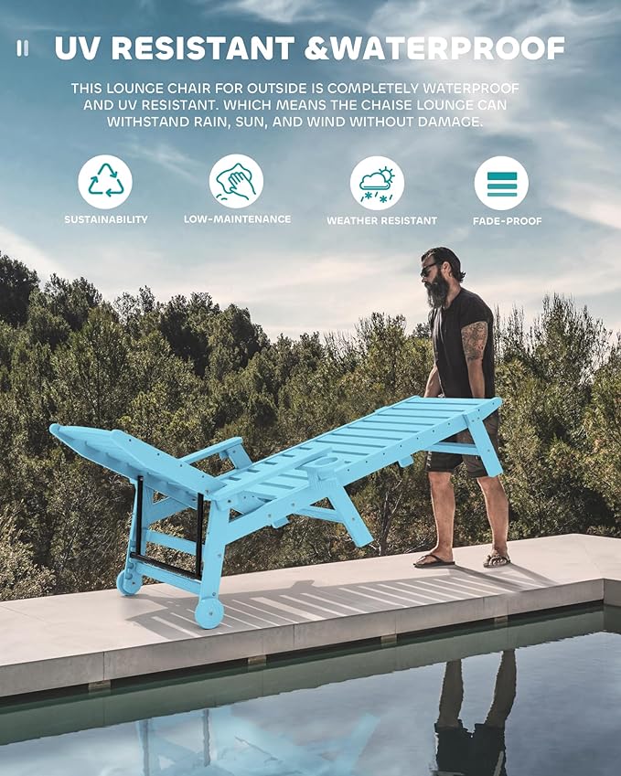SERWALL Patio Chaise Lounge Chair Set of 2, 78'' Long 5-Positions Adjustable HDPE Outdoor Lounger for Pool, Poly Lounge Chair with Rolling Wheels & Cup Holder for Poolside, Deck, Light Blue