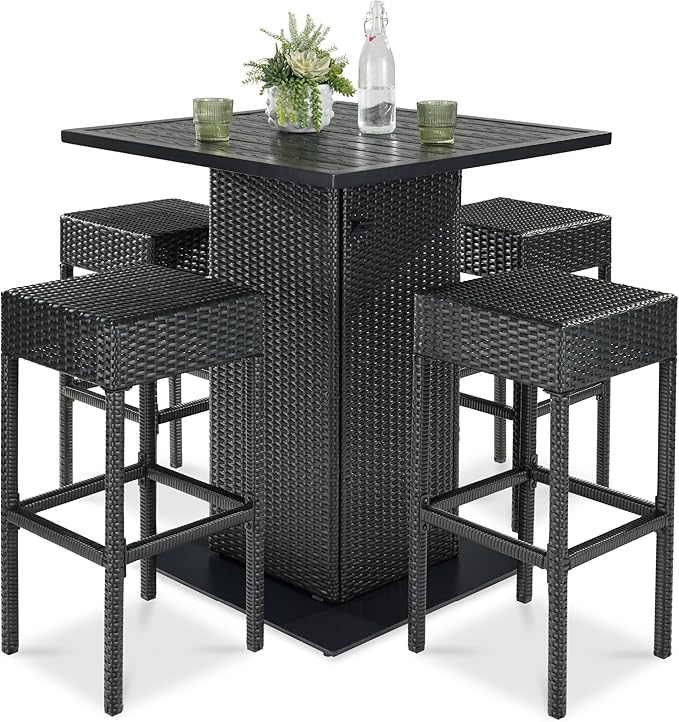 Best Choice Products 5-Piece Outdoor Wicker Bar Table Set for Patio, Poolside, Backyard w/Built-in Bottle Opener, Hidden Storage Shelf, Metal Tabletop, 4 Stools - Black