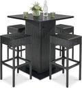Best Choice Products 5-Piece Outdoor Wicker Bar Table Set for Patio, Poolside, Backyard w/Built-in Bottle Opener, Hidden Storage Shelf, Metal Tabletop, 4 Stools - Black