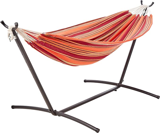 Amazon Basics Double Hammock with 9-Foot Space Saving Steel Stand and Carrying Case, 2 Person, 450 lb Capacity, Sunset Orange Stripe, 110" x 47" x 43", Outdoor
