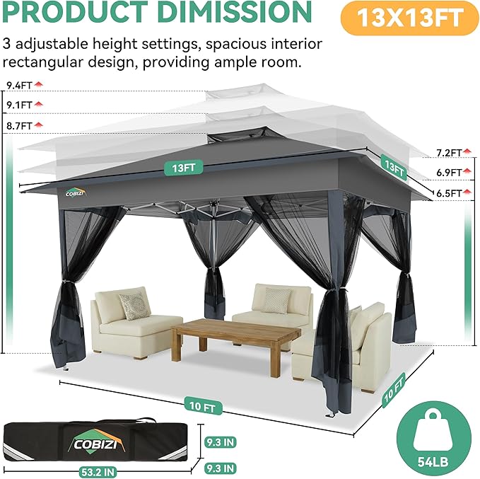 COBIZI 13x13 FT Pop up Gazebo on Clearance - Outdoor pop up Canopy Tent,carpas para Patio, Shelter - Screen Tents with Portable Carry Bag, Patio Gazebos for Camping,Garden,Deck,Backyard,Darkgrey