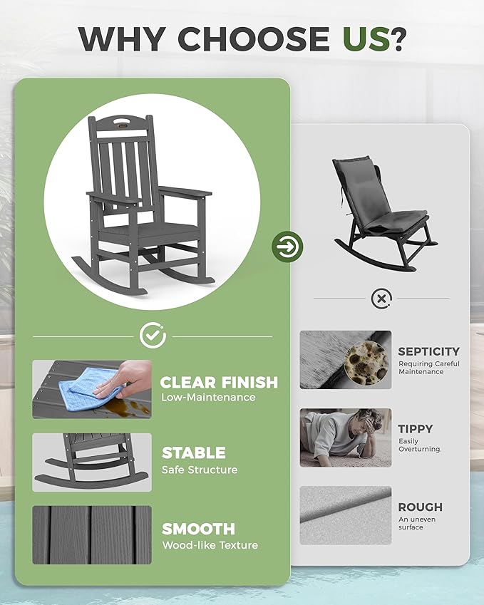 Oversized Outdoor Rocking Chairs Set of 2, High Back Porch Rocking Chair, HDPE All Weather Resistant Rocking Chairs for Patio, 380lbs Weight Capacity, Dark Grey