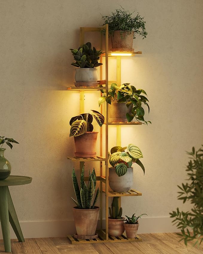 Bamworld Bamboo Plant Stand with Grow Light 6 Tiered Plant Shelf Indoor Outdoor Corner Plant Rack for Multiple Plants Flower Stand Plant Holder for Living Room Bedroom Balcony Patio Garden 48 Inch Natural