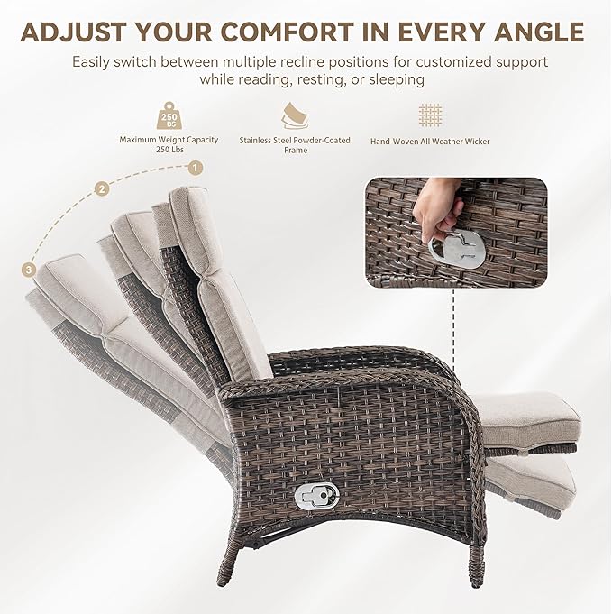 Zero Gravity Wicker Patio Recliner Chairs Set of 2 - Wicker Outdoor Lounge Chair with Adjustable Backrest & Footrest, All Weather Outdoor Reclining Chairs with Thick Cushion for Pool Deck Beige
