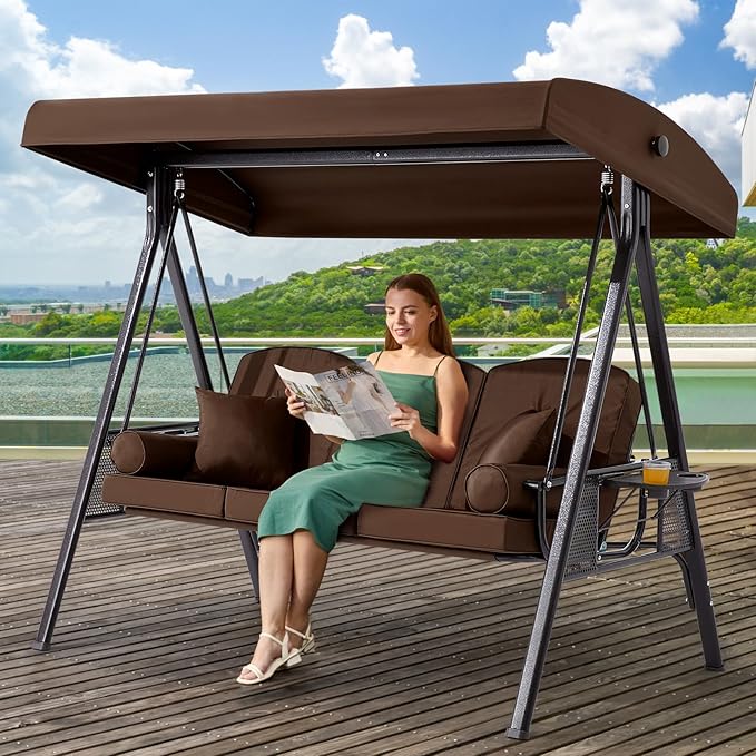 3 in 1 Outdoor Porch Swing with Canopy, 3 Seat Outdoor Swing for Adults, Patio Swing Chair with Thickened Cushions,Pillows & Cup Holders for Backyard, Porch, Garden (Brown)