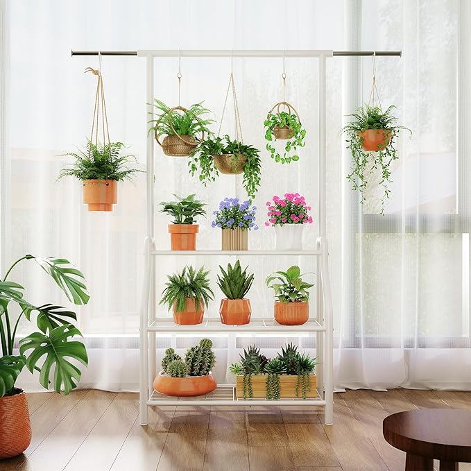Plant Stand Indoor Outdoor, 3-Tier Heavy Duty Metal Hanging Plant Shelf, 61'' Tall Large Plant Holder Rack for Multiple Big Pots, Flower Stand for Living Room, Garden, Balcony, White