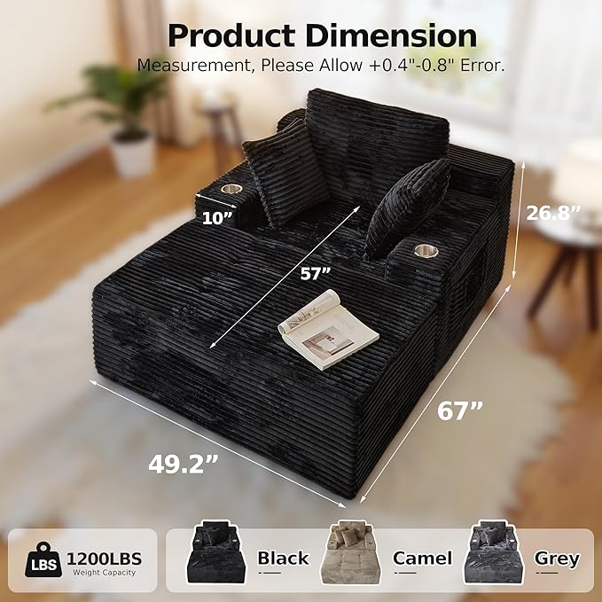 CHORRO67 Chaise Lounge Chair Indoor,Oversized Boneless Single Sleeeper Couch Bed,Corduroy Cloud Sofa with 3 Soft Pillows for Livingroom,Bedroom,No Assembly (Black)