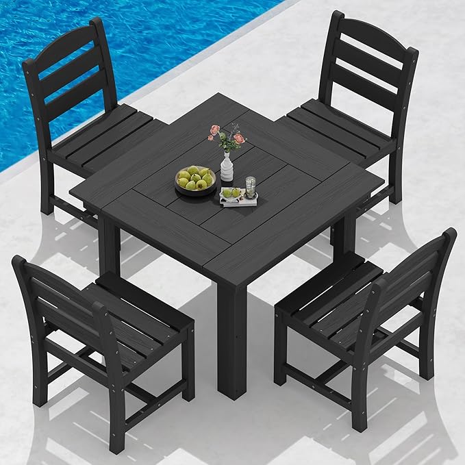 SERWALL Outdoor Dining Set for 4, HDPE Square Table and Chairs Set All Weather Patio Dining Set with 4 Armless Chairs for Patio, Black