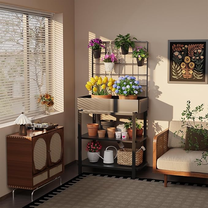 Metal Raised Garden Bed with Trellis & 2-Tier Storage Shelf, Elevated Planter Box with Legs -Includes 3 Flower Pots, Outdoor Vertical Garden for Vegetables Herbs Climbing Plants Patio Balcony